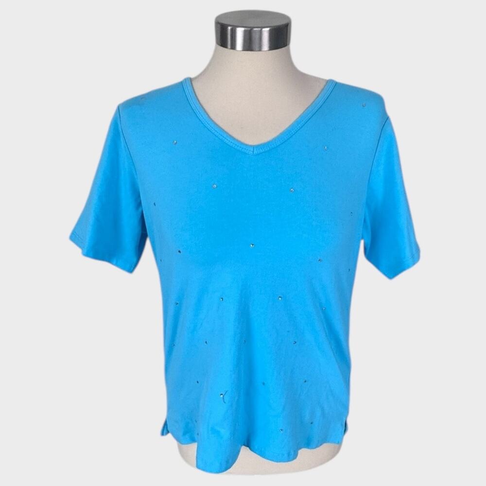 The Quacker Factory XS V Neck Short Sleeve TShirt Beaded NEW NWT Blue